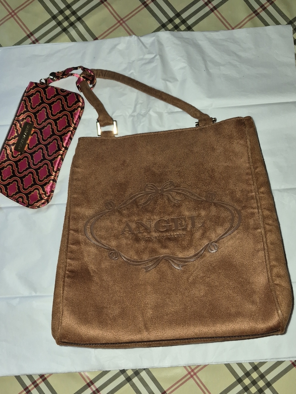 Victoria's Secret Angel Faux Sude Tote Hanbag Bag With Wristlet Brown